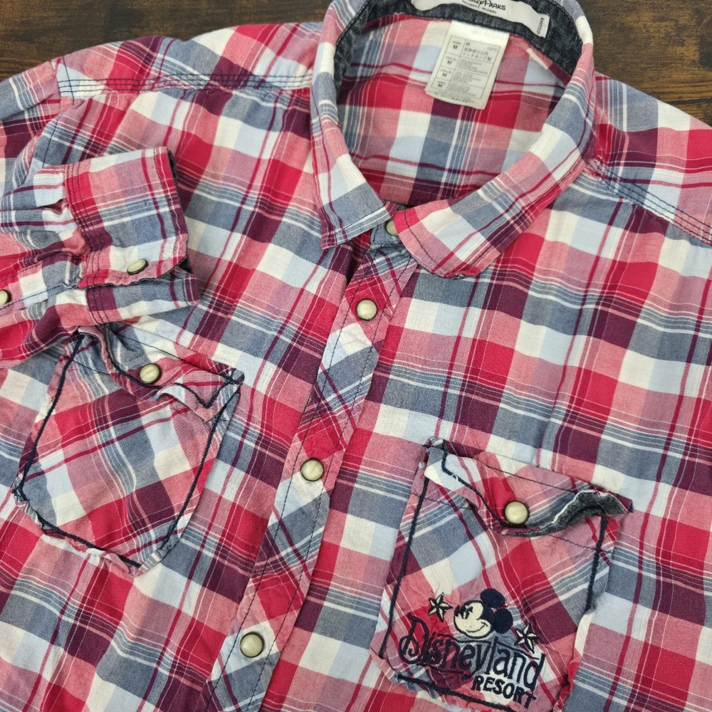 Disney Parks Men's Long Sleeve Pearl Snap Button Up Plaid Red White Blue Size M